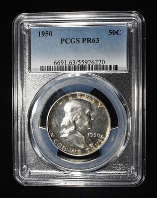 1950 FRANKLIN PROOF HALF DOLLAR PCGS PR63. BID WITH SILVER CITY AUCTIONS ESTIMATE $400 - $450.