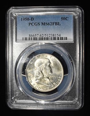 1950-D FRANKLIN HALF DOLLAR PCGS MS-62 FBL. LEADERS IN ON-LINE AUCTIONS ESTIMATE $60 - $80.