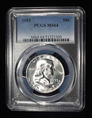 1953 FRANKLIN HALF DOLLAR PCGS MS-64. TOP RATED AUCTION HOUSE ESTIMATE $60 - $80.