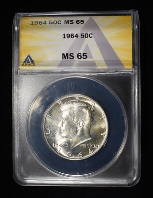 1964 KENNEDY HALF DOLLAR ANACS MS65. LEADERS IN ON-LINE AUCTIONS ESTIMATE $60 - $90.