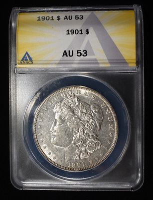 1901 MORGAN DOLLAR ANACS AU53. BID WITH SILVER CITY AUCTIONS ESTIMATE $525 - $575.