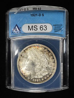 1921-D MORGAN DOLLAR ANACS MS-63. BID WITH SILVER CITY AUCTIONS ESTIMATE $170 - $200.