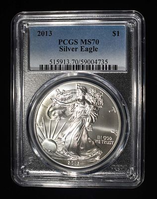 2013 AMERICAN SILVER EAGLE PCGS MS70. WEEKLY COIN & CURRENCY AUCTIONS ESTIMATE $90 - $130.