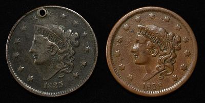 1835 & 1838 CORONET HEAD LARGE CENTS VF/XF DAMAGE. WEEKLY COIN & CURRENCY AUCTIONS ESTIMATE $120 