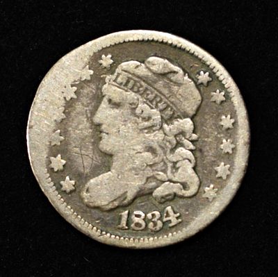 1834 CAPPED BUST HALF DIME GOOD. TOP RATED AUCTION HOUSE ESTIMATE $80 - $120.