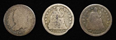 1835 BUST & 1853, 1855 SEATED HALF DIMES. WEEKLY COIN & CURRENCY AUCTIONS ESTIMATE $100 - $130.
