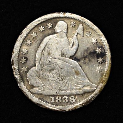 1838 SEATED LIBERTY HALF DIME FINE. LEADERS IN ON-LINE AUCTIONS ESTIMATE $80 - $120.