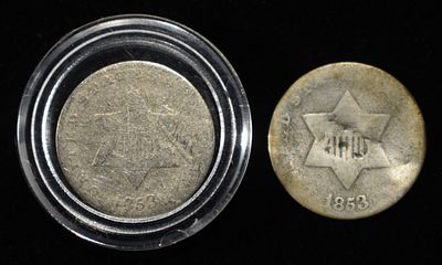 (2) 1853 3-CENT SILVER PIECES GOOD. BID WITH SILVER CITY AUCTIONS ESTIMATE $100 - $150.