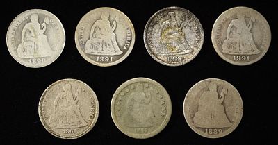 1842, 61, (2) 89, 90, 91-P,O SEATED LIBERTY DIMES. BID WITH SILVER CITY AUCTIONS ESTIMATE $100 - 
