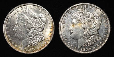 1882-S & 1888 MORGAN DOLLARS. LEADERS IN ON-LINE AUCTIONS ESTIMATE $130 - $150.