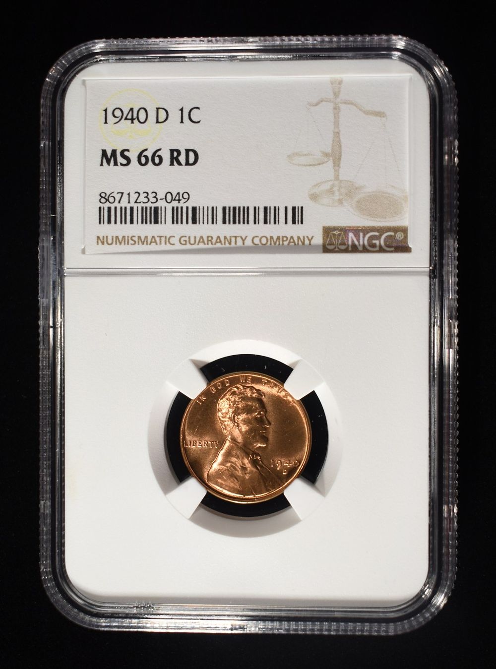 1940-D LINCOLN CENT NGC MS-66 RD. WEEKLY COIN & CURRENCY AUCTIONS ESTIMATE $50 - $75.