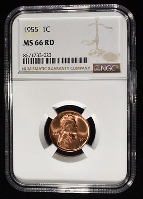 1955 LINCOLN CENT NGC MS-66 RD. WEEKLY COIN & CURRENCY AUCTIONS ESTIMATE $75 - $100.