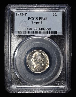 1942-P JEFFERSON NICKEL TYPE 2 PCGS PR66. CHECK OUT OUR UPCOMING AUCTIONS ESTIMATE $230 - $280.