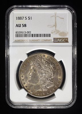 1887-S MORGAN DOLLAR NGC AU58. TOP RATED AUCTION HOUSE ESTIMATE $100 - $150.