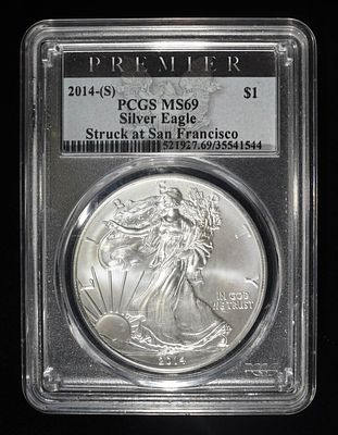 2014-S AMERICAN SILVER EAGLE PCGS MS69. TOP RATED AUCTION HOUSE ESTIMATE $130 - $180.