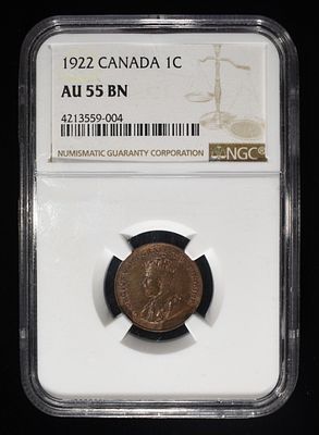 1922 CANADA NGC AU 55 BN. WEEKLY COIN & CURRENCY AUCTIONS ESTIMATE $60 - $80.