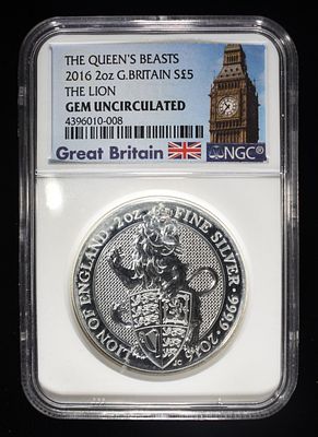 2016 2 OZ G. BRITAIN $5 THE LION NGC GEM UNC. TOP RATED AUCTION HOUSE ESTIMATE $210 - $260.