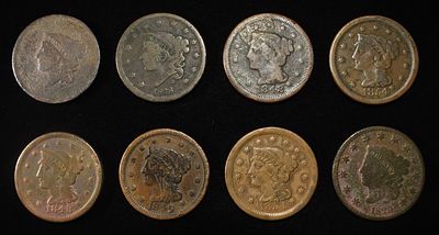 (8) BRAIDED HAIR LARGE CENTS. TOP RATED AUCTION HOUSE ESTIMATE $120 - $160.