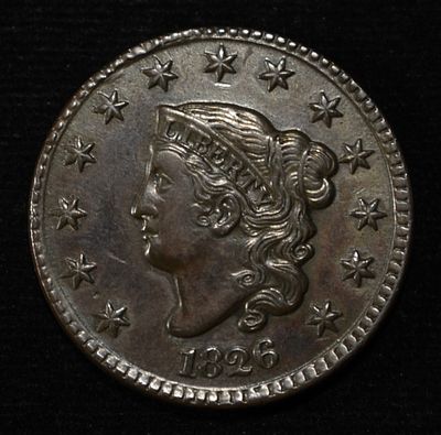 1826 LARGE CENT AU/BU. TOP RATED AUCTION HOUSE ESTIMATE $800 - $900.