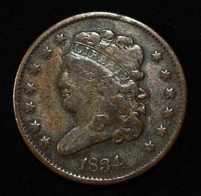 1834 CORONET HEAD HALF CENT F. BID WITH SILVER CITY AUCTIONS ESTIMATE $150 - $200.