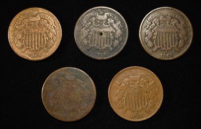 (5) 2-CENT PIECES. BID WITH SILVER CITY AUCTIONS ESTIMATE $100 - $150.
