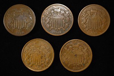 (5) 2-CENT PIECES. 1864, 1865, 1866, 1867, & 1868 ESTIMATE $120 - $160.