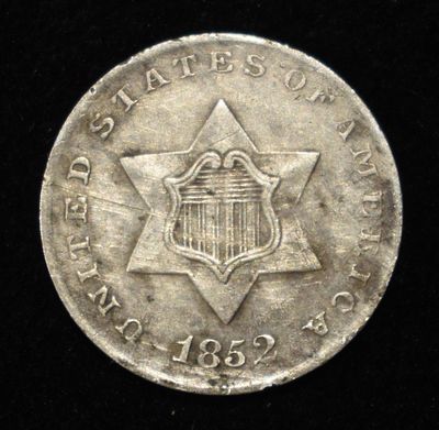 1852 3-CENT SILVER F/VF. WEEKLY COIN & CURRENCY AUCTIONS ESTIMATE $80 - $120.