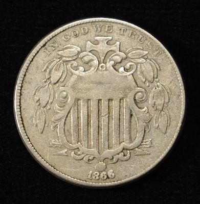 1866 SHIELD NICKEL FINE. BID WITH SILVER CITY AUCTIONS ESTIMATE $75 - $100.