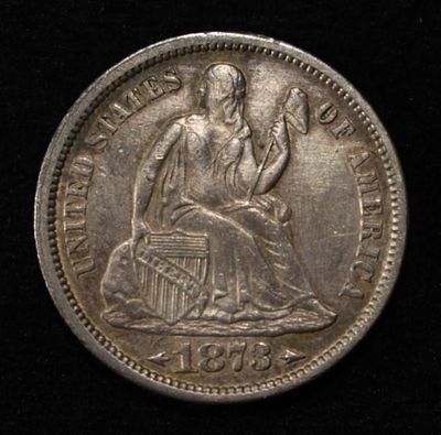 1873 SEATED LIBERTY DIME AU/BU. TOP RATED AUCTION HOUSE ESTIMATE $400 - $450.