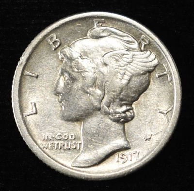 1917-D MERCURY DIME AU. CHECK OUT OUR UPCOMING AUCTIONS ESTIMATE $100 - $130.