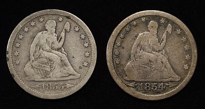 1854, 55 LIBERTY SEATED QUARTES F. CHECK OUT OUR UPCOMING AUCTIONS ESTIMATE $80 - $120.