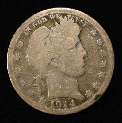 1914-S BARBER QUARTER GOOD. BID WITH SILVER CITY AUCTIONS ESTIMATE $100 - $130.