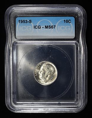 1953-S ROOSEVELT DIME ICG MS67. BID WITH SILVER CITY AUCTIONS ESTIMATE $90 - $130.