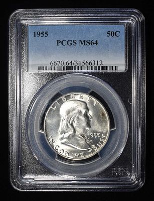 1955 FRANKLIN HALF DOLLAR PCGS MS64. BID WITH SILVER CITY AUCTIONS ESTIMATE $80 - $120.