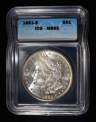 1881-S MORGAN DOLLAR ICG MS65. LEADERS IN ON-LINE AUCTIONS ESTIMATE $160 - $210.