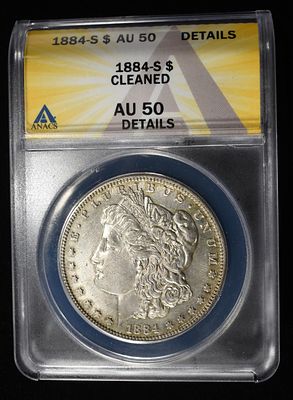 1884-S MORGAN DOLLAR ANACS AU DETAILS. CLEANED, BUT LOOKS LIKE AU-55/58 DETAILS ESTIMATE $500 - $600.