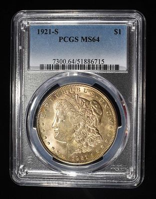 1921-S MORGAN DOLLAR PCGS MS-64 TONED. WEEKLY COIN & CURRENCY AUCTIONS ESTIMATE $300 - $350.