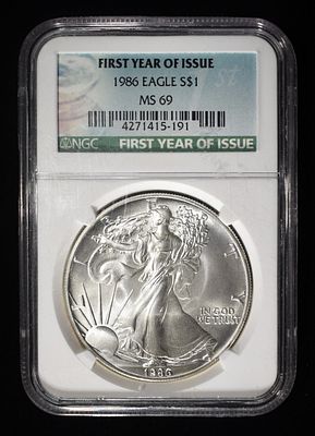 1986 AMERICAN SILVER EAGLE NGC MS69. LEADERS IN ON-LINE AUCTIONS ESTIMATE $200 - $250.