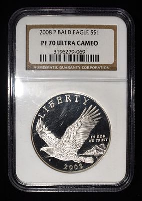 2008-P $1 BALD EAGLE NGC PF70 ULTRA CAMEO. CHECK OUT OUR UPCOMING AUCTIONS ESTIMATE $180 - $220.