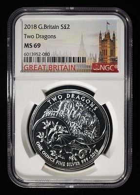 2018 TWO DRAGONS 1 OZ 0.999 SILVER ROUND NGC MS69. BID WITH SILVER CITY AUCTIONS ESTIMATE $130 - 