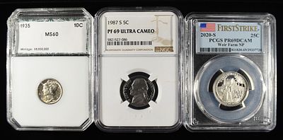 GRADED COIN COLLECTORS LOT. 1987-S JEFFERSON NICKEL NGC PF69 ULTRA CAMEO, 1935 MERCURY DIME PCI 