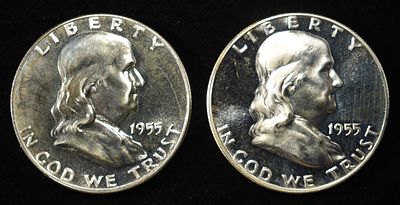 (2) 90% SILVER 1955 FRANKLIN HALF DOLLARS PROOF BU. TOP RATED AUCTION HOUSE ESTIMATE $90 - $130.