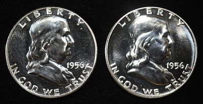 (2) 90% SILVER 1956 FRANKLIN HALF DOLLARS PROOF BU. TOP RATED AUCTION HOUSE ESTIMATE $90 - $130.