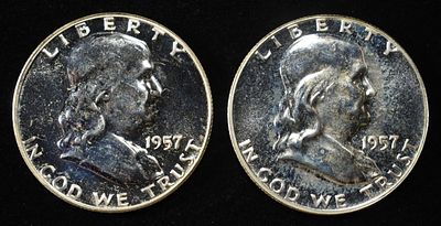 (2) 90% SILVER 1957 FRANKLIN HALF DOLLARS PROOF BU. WEEKLY COIN & CURRENCY AUCTIONS ESTIMATE $90 