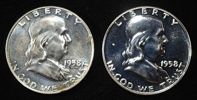 (2) 90% SILVER 1958 FRANKLIN HALF DOLLARS PROOF BU. BID WITH SILVER CITY AUCTIONS ESTIMATE $90 - 