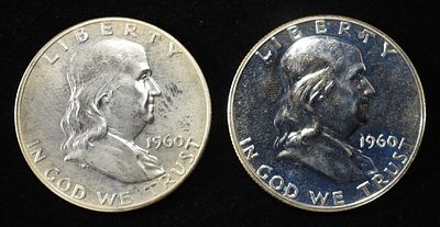 (2) 90% SILVER 1960 FRANKLIN HALF DOLLARS PROOF BU. TOP RATED AUCTION HOUSE ESTIMATE $90 - $130.
