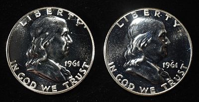 (2) 90% SILVER 1961 FRANKLIN HALF DOLLARS PROOF BU. LEADERS IN ON-LINE AUCTIONS ESTIMATE $90 - $130.