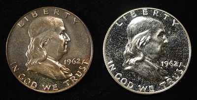 (2) 90% SILVER 1962 FRANKLIN HALF DOLLARS PROOF BU. LEADERS IN ON-LINE AUCTIONS ESTIMATE $90 - $130.