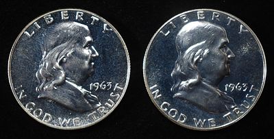 (2) 90% SILVER 1963 FRANKLIN HALF DOLLARS PROOF BU. BID WITH SILVER CITY AUCTIONS ESTIMATE $90 - 