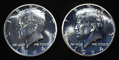 (2) 90% SILVER 1964 KENNEDY HALF DOLLARS PROOF BU. WEEKLY COIN & CURRENCY AUCTIONS ESTIMATE $90 